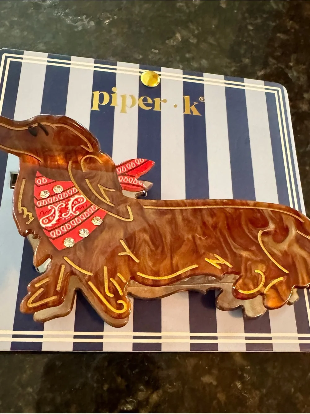 Piper Brown Dachshund Hair Clip With Red Rhinestone Bandana